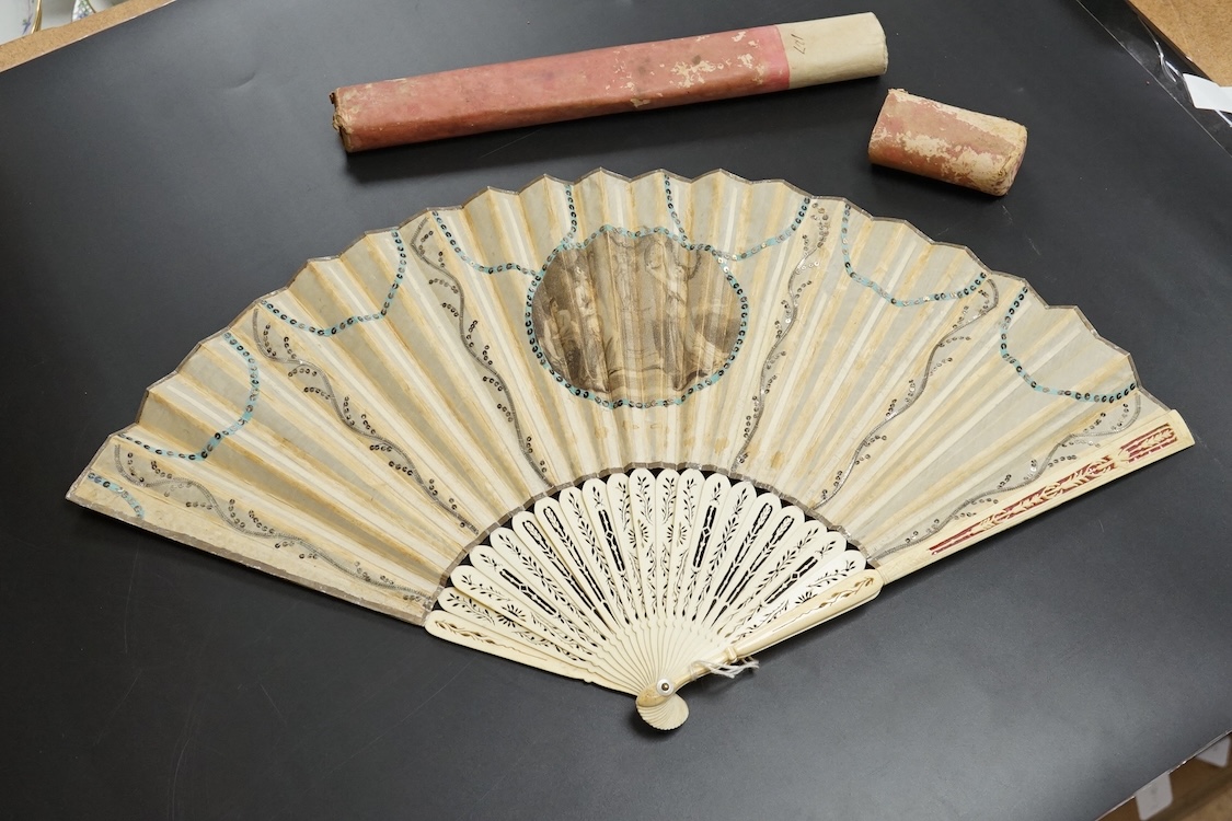 A group of 19th century fans to include a blonde tortoiseshell brisé fan, gilt decorated with sequins and a floral hand painted with figures with sequins decoration, some boxed, tortoiseshell fan 19cm high largest 36cm h